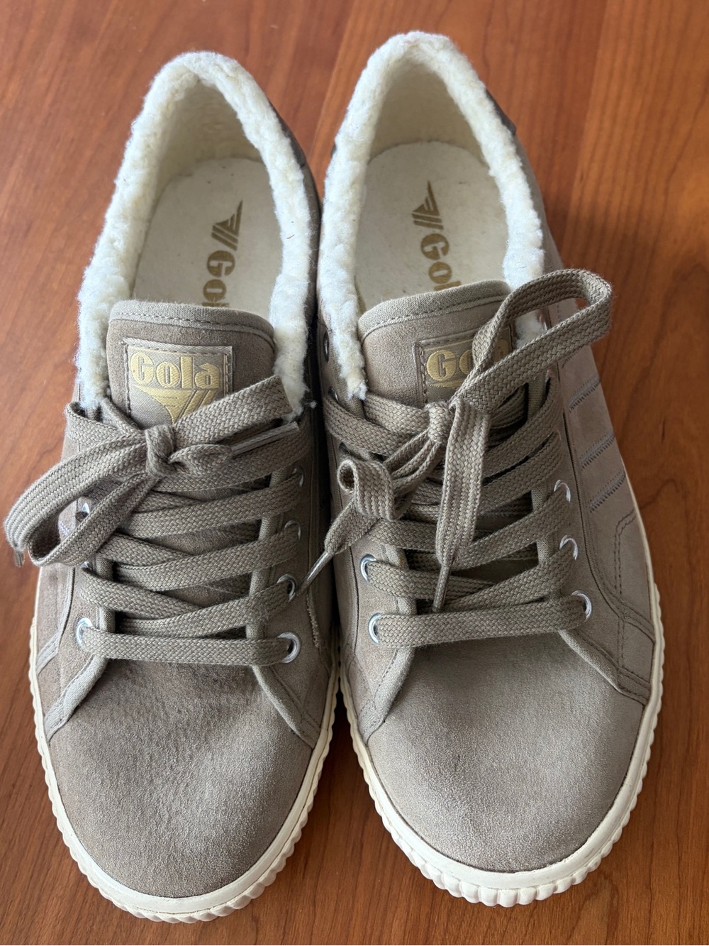 Anthropologie Gola Taupe Suede Sneakers with Cream Sherpa Lining Size 10